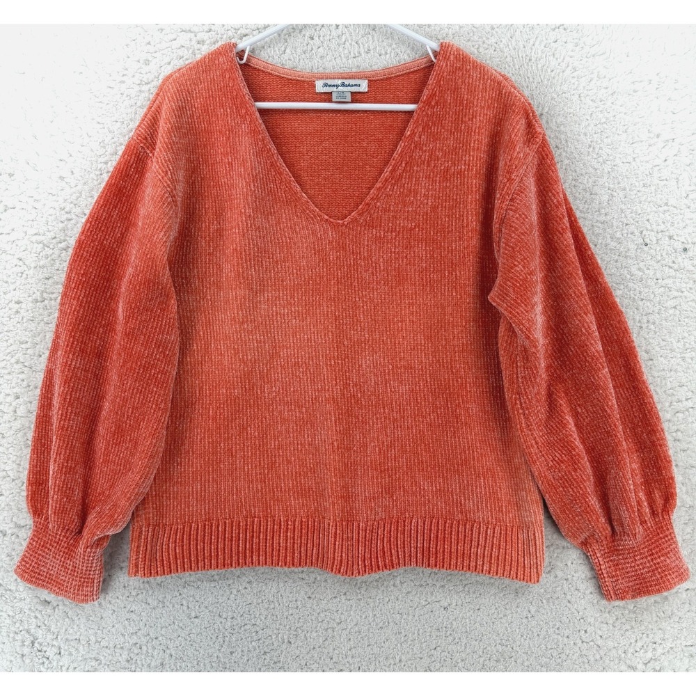 Tommy Bahama Womens Orange Chenille V Neck Balloon Sleeve Sweater Large
